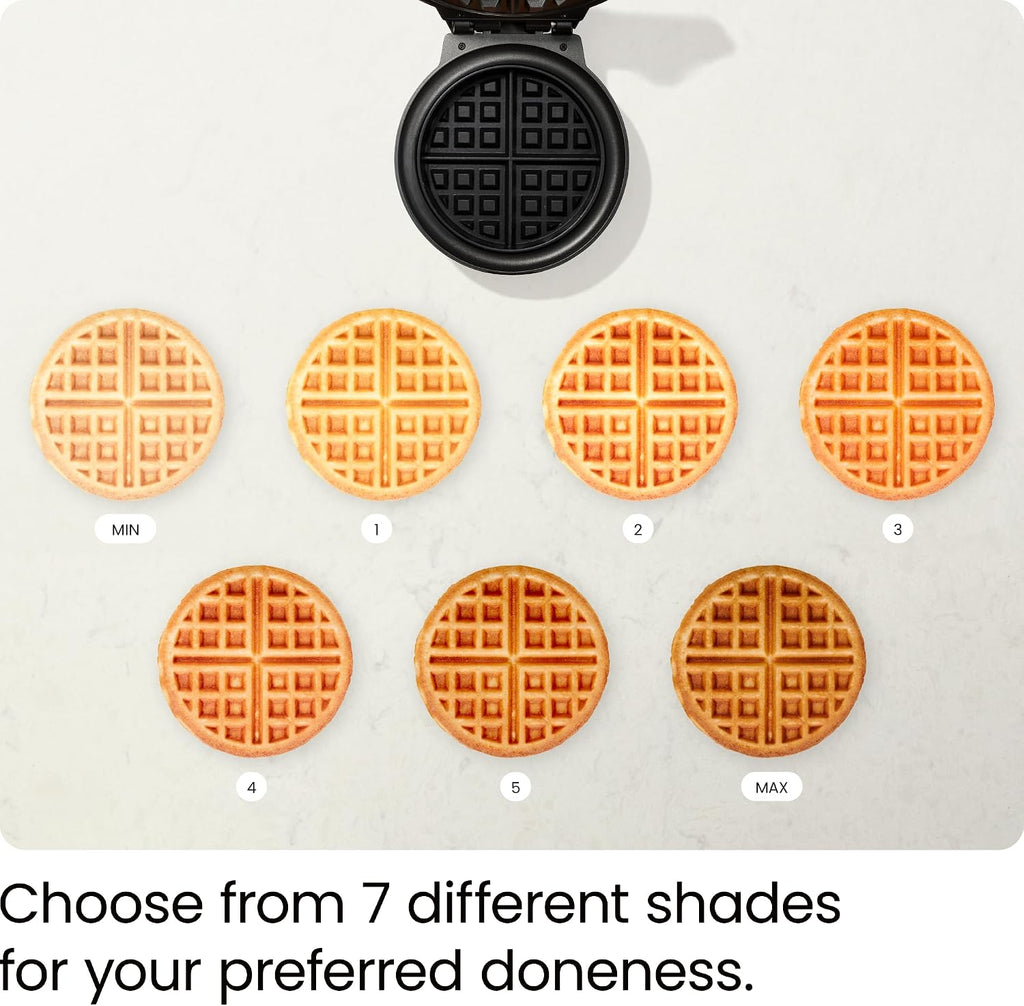 Chefman - Máquina para hacer waffles belgas antidesbordamiento con selector de tono, control de temperatura, foso sin ensuciar, plancha redonda de hierro con placas antiadherentes y mango de tacto