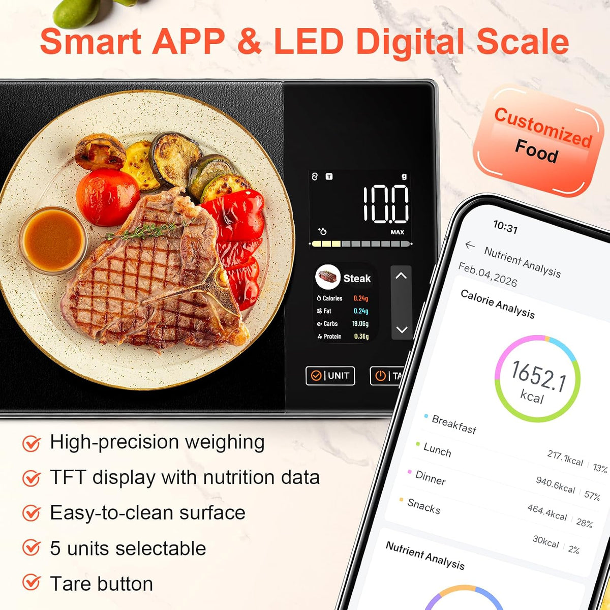 Báscula de Alimentos Inteligente con Calculadora Nutricional, App y Escáner de Barras
