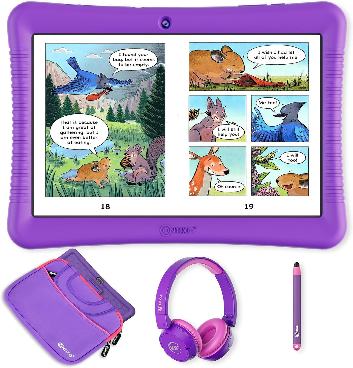 Contixo Paquete de tabletas Android para niños de 10 pulgadas, 32 GB, Epic! y aplicaciones educativas LingoKids, controles parentales, funda a prueba de niños con soporte y lápiz capacitivo, auriculares y bolsa de funda, color morado