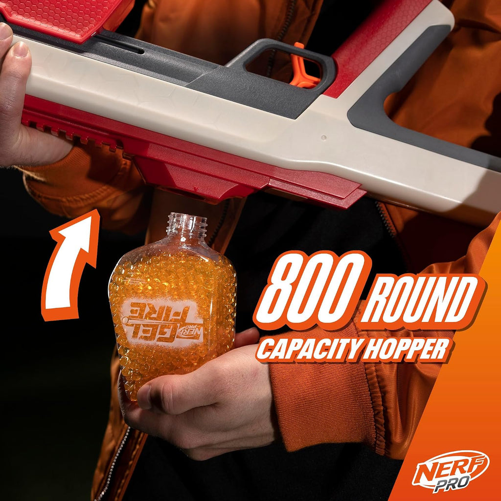 Nerf Pro Gelfire Raid Blaster, dispara 5 rondas a la vez, 10.000 rondas de gel, tolva de 800 rondas, gafas protectoras, juguetes para adolescentes de 14 años en adelante