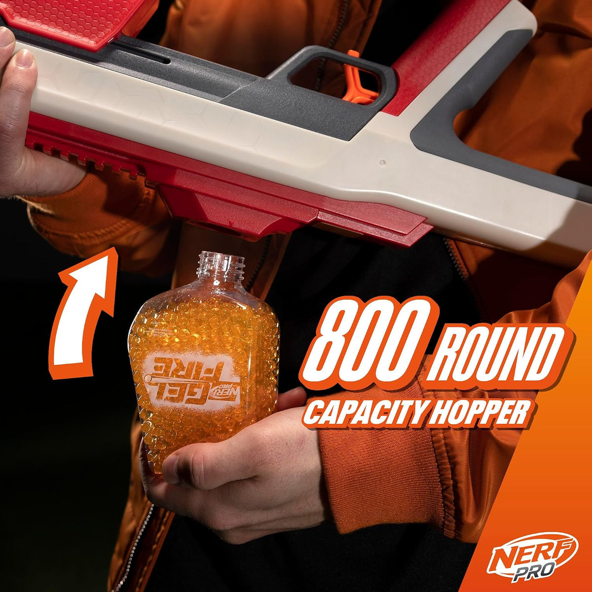 Nerf Pro Gelfire Raid Blaster, dispara 5 rondas a la vez, 10.000 rondas de gel, tolva de 800 rondas, gafas protectoras, juguetes para adolescentes de 14 años en adelante