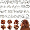 Juego de 42 rompecabezas de rompecabezas para adultos y niños, juego de IQ 3D vintage de madera y metal, rompecabezas de lógica de desenmarañamiento desafiante, juego de bolsa de viaje portátil para