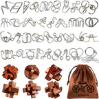 Juego de 42 rompecabezas de rompecabezas para adultos y niños, juego de IQ 3D vintage de madera y metal, rompecabezas de lógica de desenmarañamiento desafiante, juego de bolsa de viaje portátil para