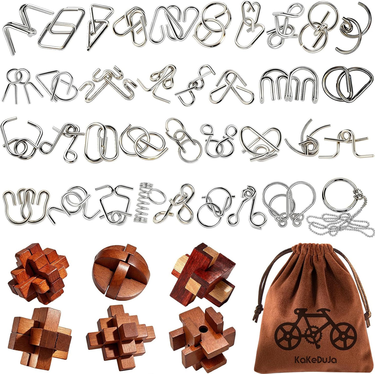 Juego de 42 rompecabezas de rompecabezas para adultos y niños, juego de IQ 3D vintage de madera y metal, rompecabezas de lógica de desenmarañamiento desafiante, juego de bolsa de viaje portátil para
