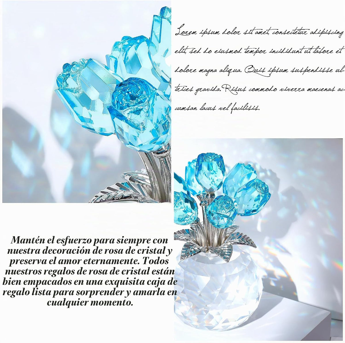 Figura de Flor de Cristal Color Azul Cristal con Rosa, colección