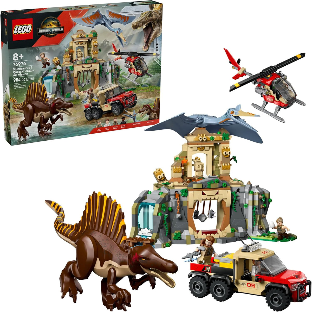 LEGO Jurassic World Spinosaurus & Quetzalcoatlus Air Mission - Juguete de dinosaurio para niños - Juguete de construcción de simulación con figuras de dinosaurio para niñas y niños, mayores de 8 años