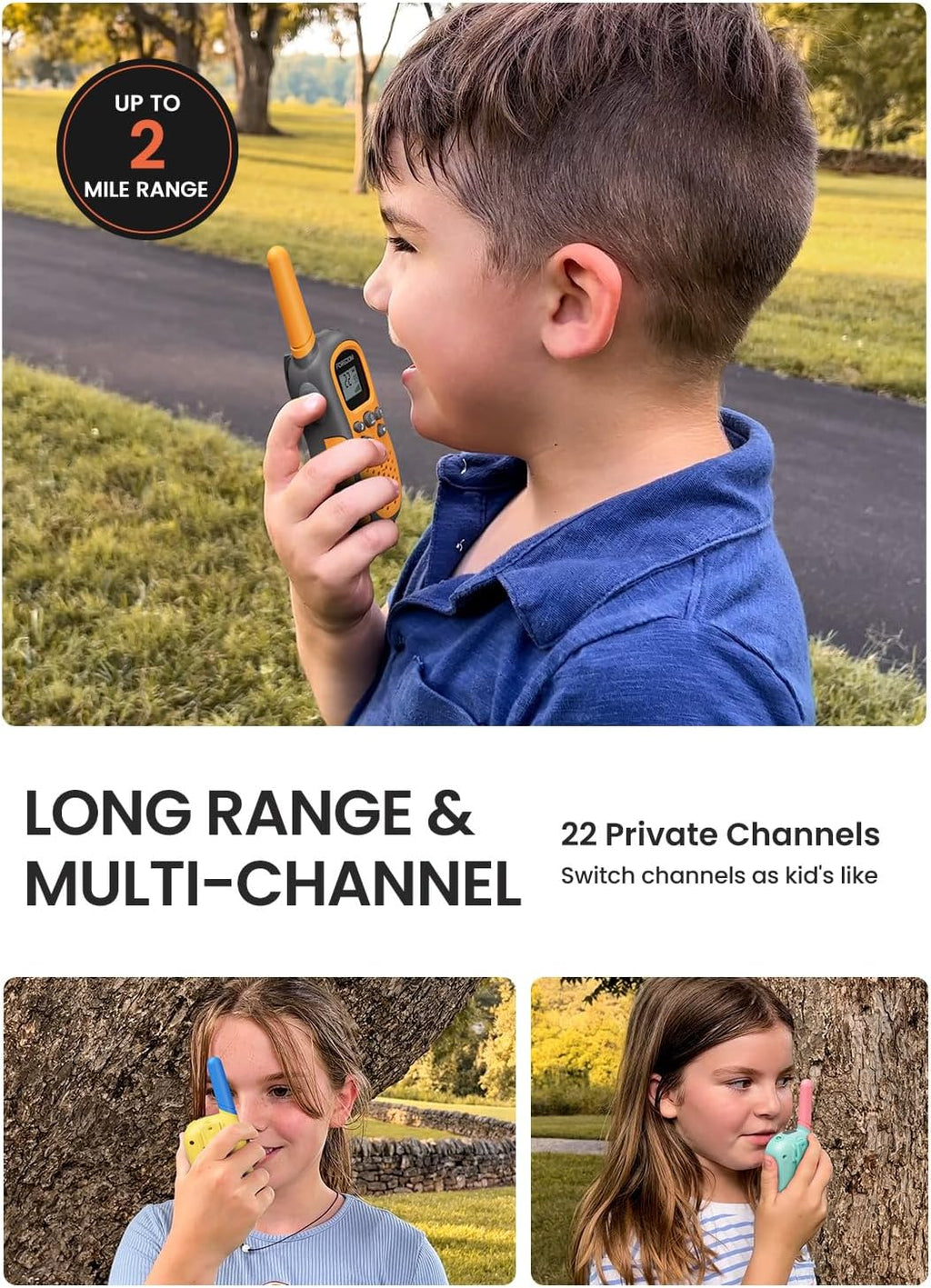 FOREDOM Radios de Mano Recargables para Niños Walkie Talkies a Larga Distancia para Niños y Niñas de 3 a 12 Años - Juguetes de Cumpleaños con Linterna, Pack de 3