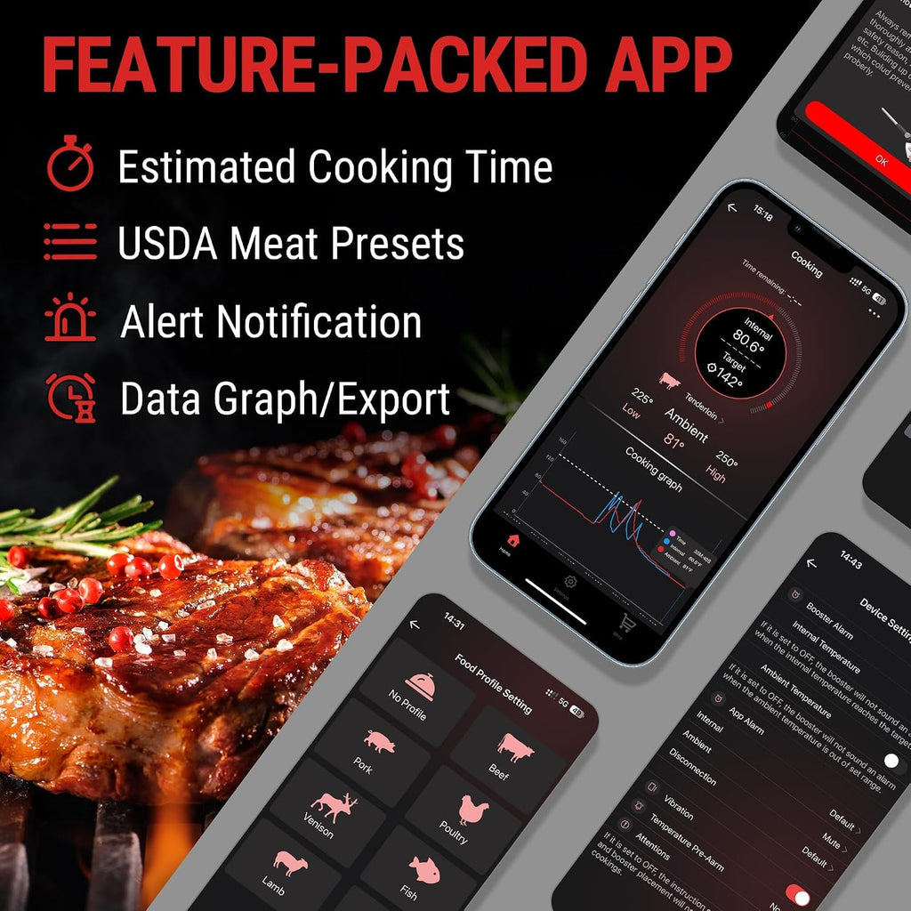 ThermoPro TempSpike - Termómetro inalámbrico digital para carne de 500 pies, termómetro de carne Bluetooth inalámbrico para res, cordero, pollo, pavo, accesorios para ahumador para asador, Sous Vide
