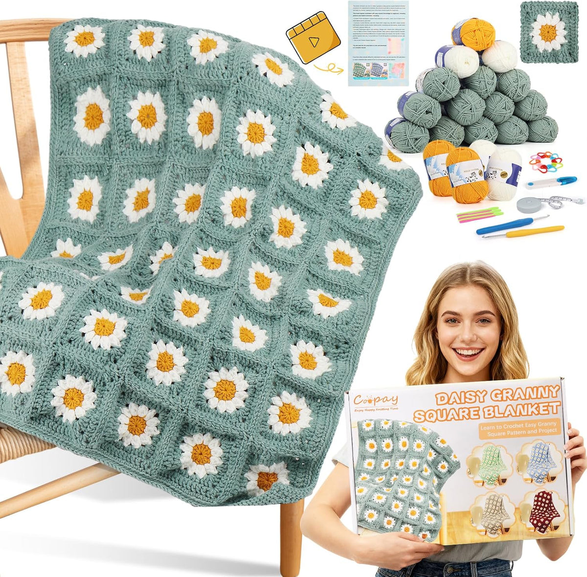 Coopay Crochet Kit para Beginners, Easy Granny Square Crochet Blanket Kit
