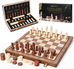 Hvygss - Tablero magnético de ajedrez de 15 pulgadas, juego de ajedrez de madera plegable con damas, piezas hechas a mano con 2 reinas adicionales, juego de mesa de viaje portátil para niños de 6 años