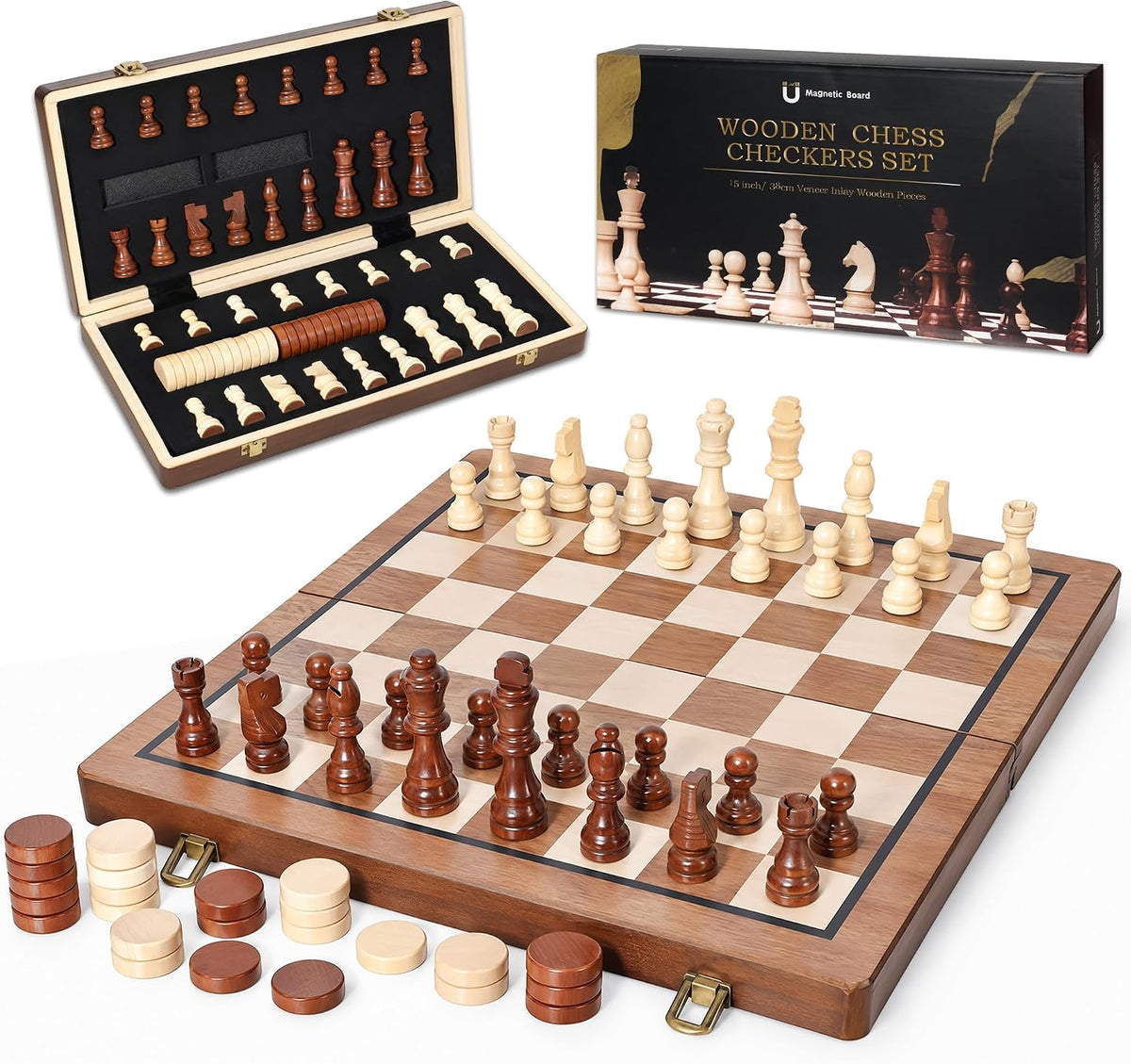Hvygss - Tablero magnético de ajedrez de 15 pulgadas, juego de ajedrez de madera plegable con damas, piezas hechas a mano con 2 reinas adicionales, juego de mesa de viaje portátil para niños de 6 años