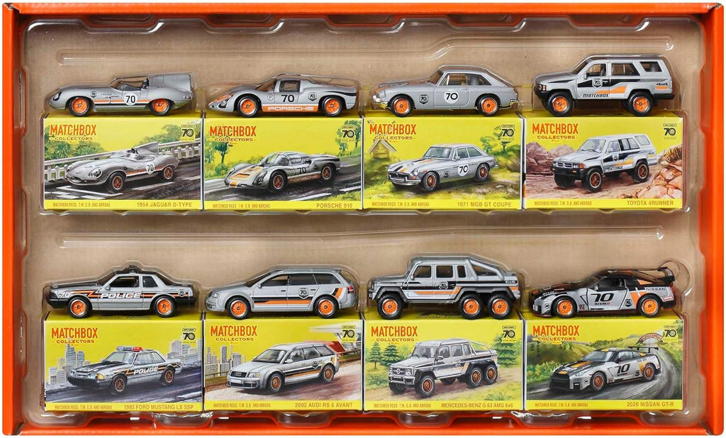 Matchbox Cars, juego de 8 autos fundidos a presión en escala 1:64 con decoraciones de primera calidad, incluyendo 1 vehículo exclusivo, neumáticos de agarre verdadero, acabado en tono platino