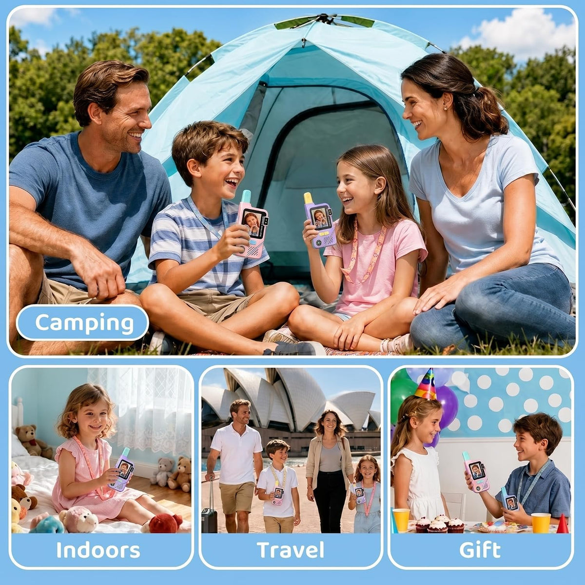 KJAI Walkie Talkies de video para niños, paquete de 2 con cámara giratoria de 180°, cambiador de voz, 10 divertidos efectos adhesivos, clip y cordón, juguetes al aire libre y regalos de cumpleaños