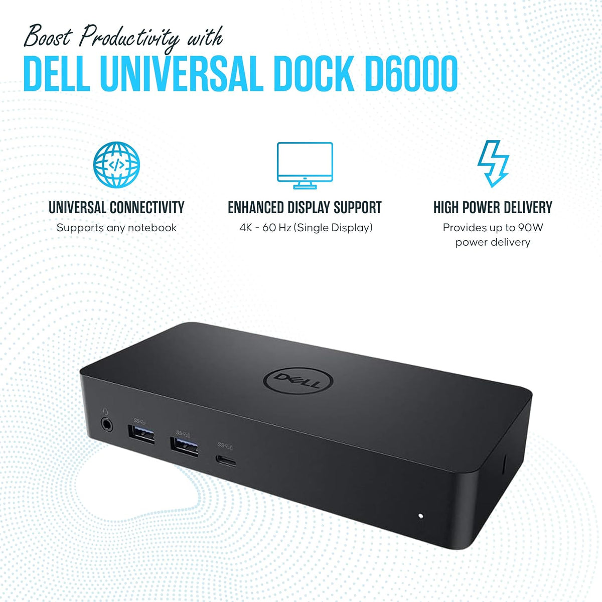 Estación de acoplamiento D6000 Dell para doble monitor con USB 3.0 y USB C - Muelle universal con 130W y cable HDMI (Reacondicionado)