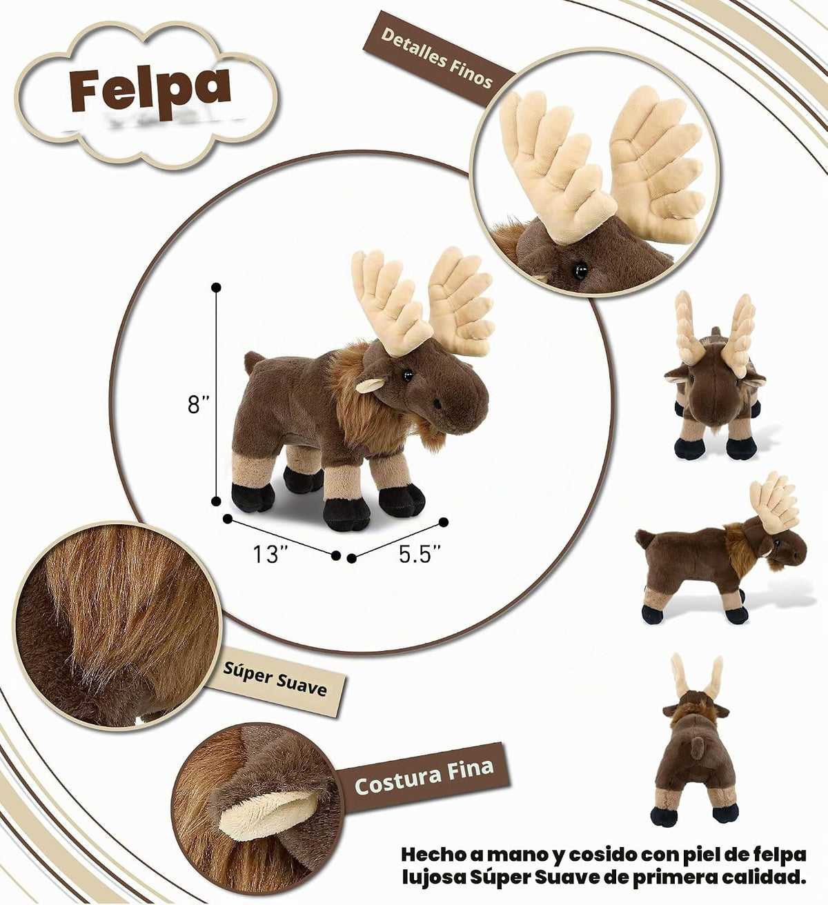 DolliBu Animal de peluche de alce de pie, juguete de peluche suave para abrazar, adorable regalo de abrazo, muñeca de alce súper suave para niños y adultos, 8 pulgadas