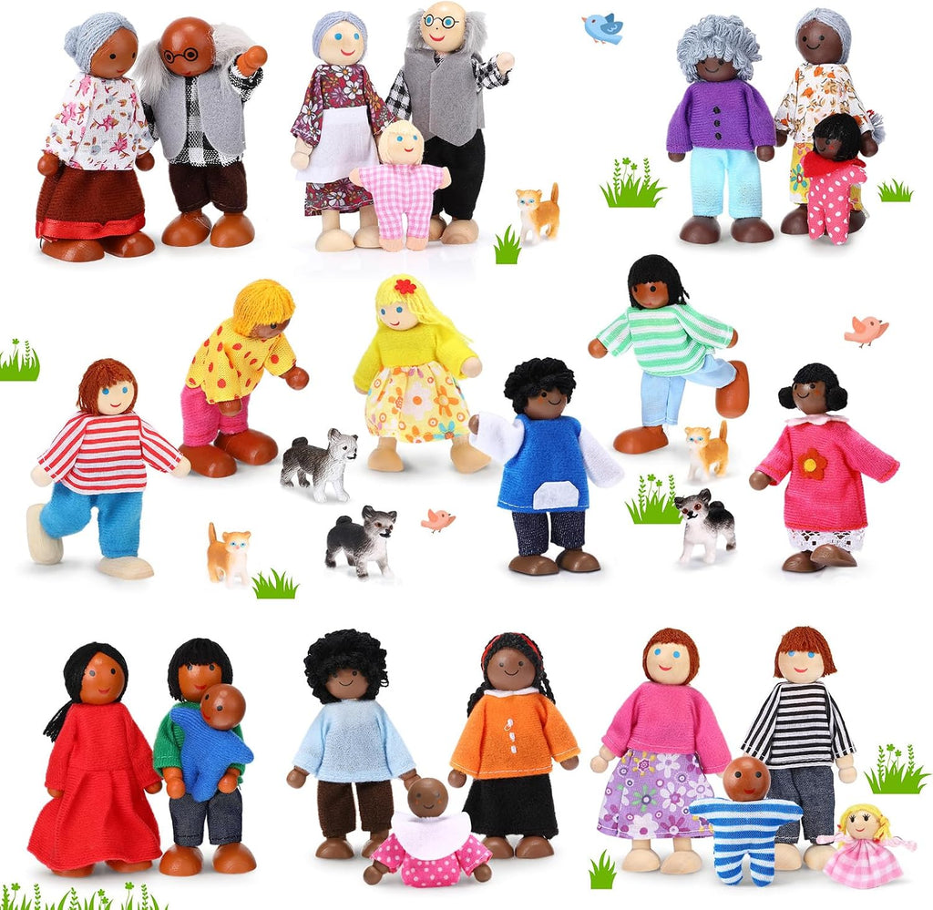 Juego familiar de casa de muñecas de madera de 20 piezas, 16 mini figuras