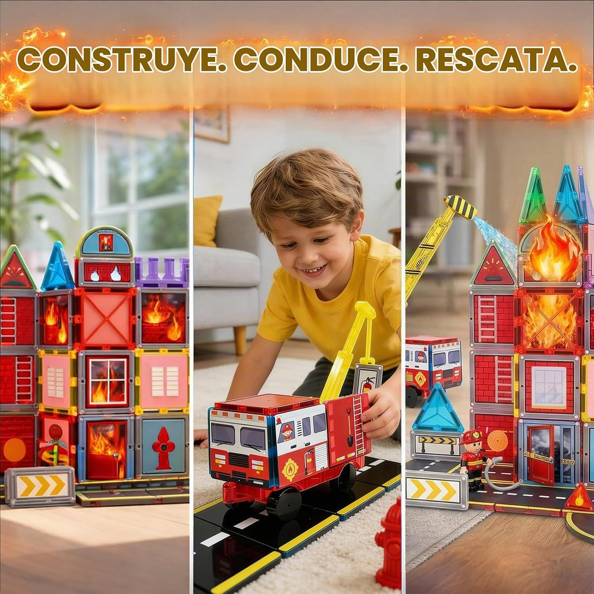 LATI Azulejos magnéticos de rescate de incendios para niños con camión de