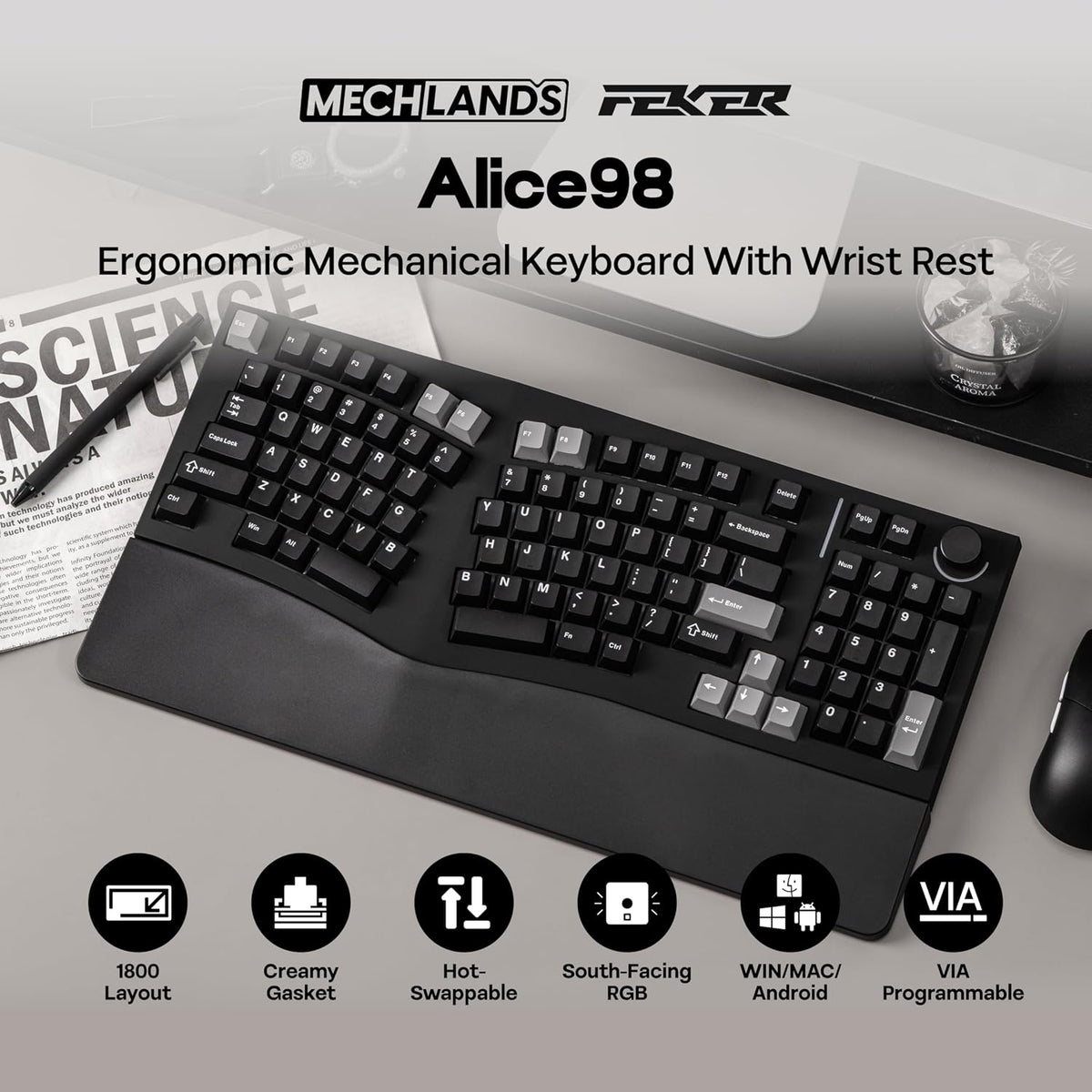 MechLands Feker Alice98 Teclado mecánico ergonómico de 98 teclas