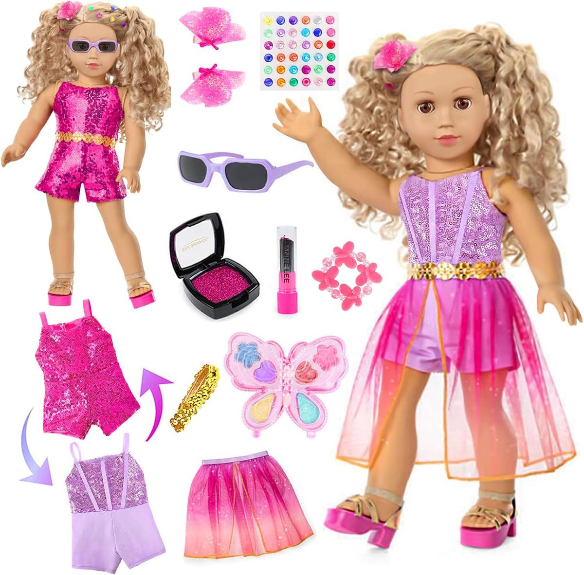 Juego de ropa de muñeca de 18 pulgadas y accesorios de maquillaje