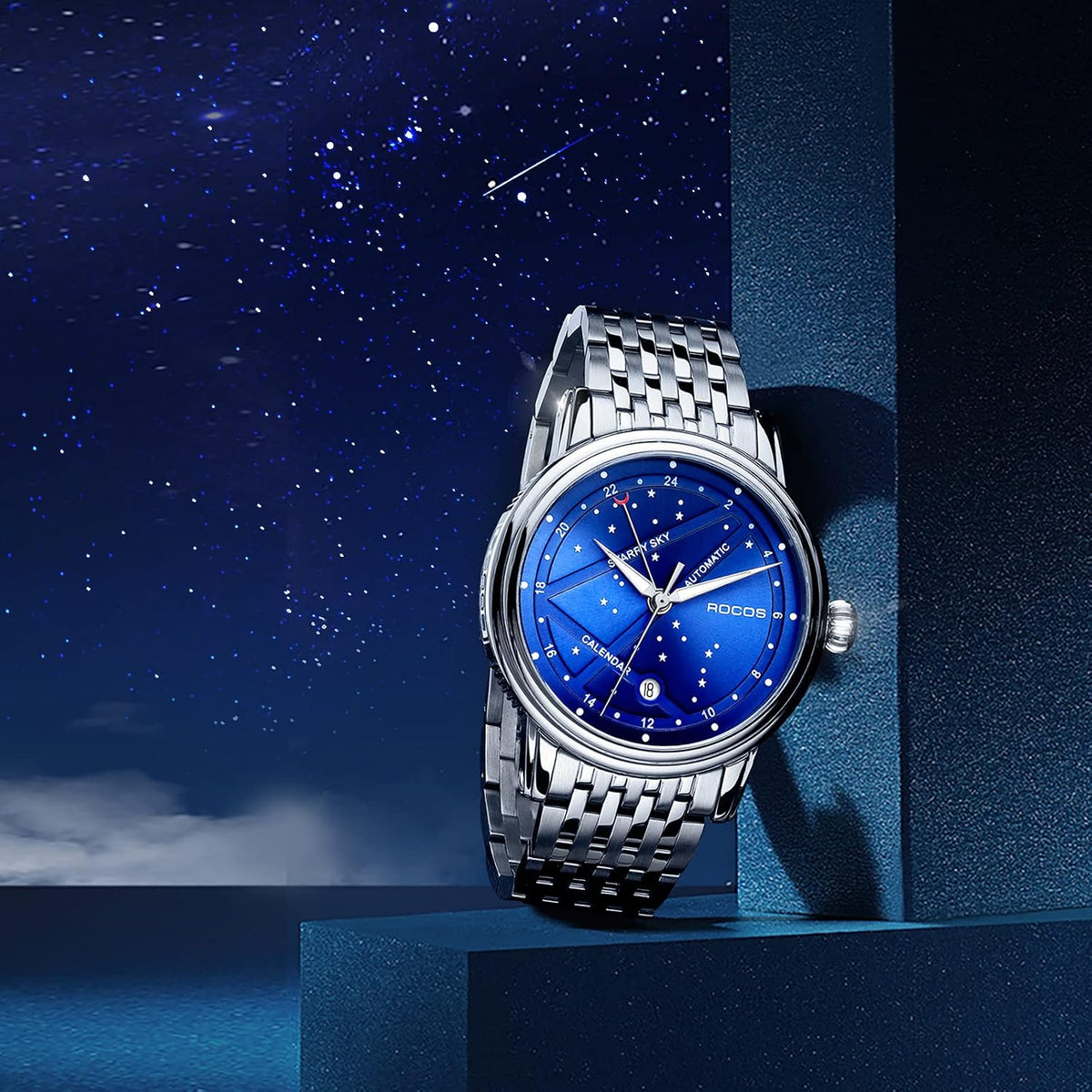 ROCOSJEWE Reloj mecánico automático de lujo para hombre, correa luminosa de acero inoxidable, impermeable, visualización de fecha, relojes de negocios de moda para hombres