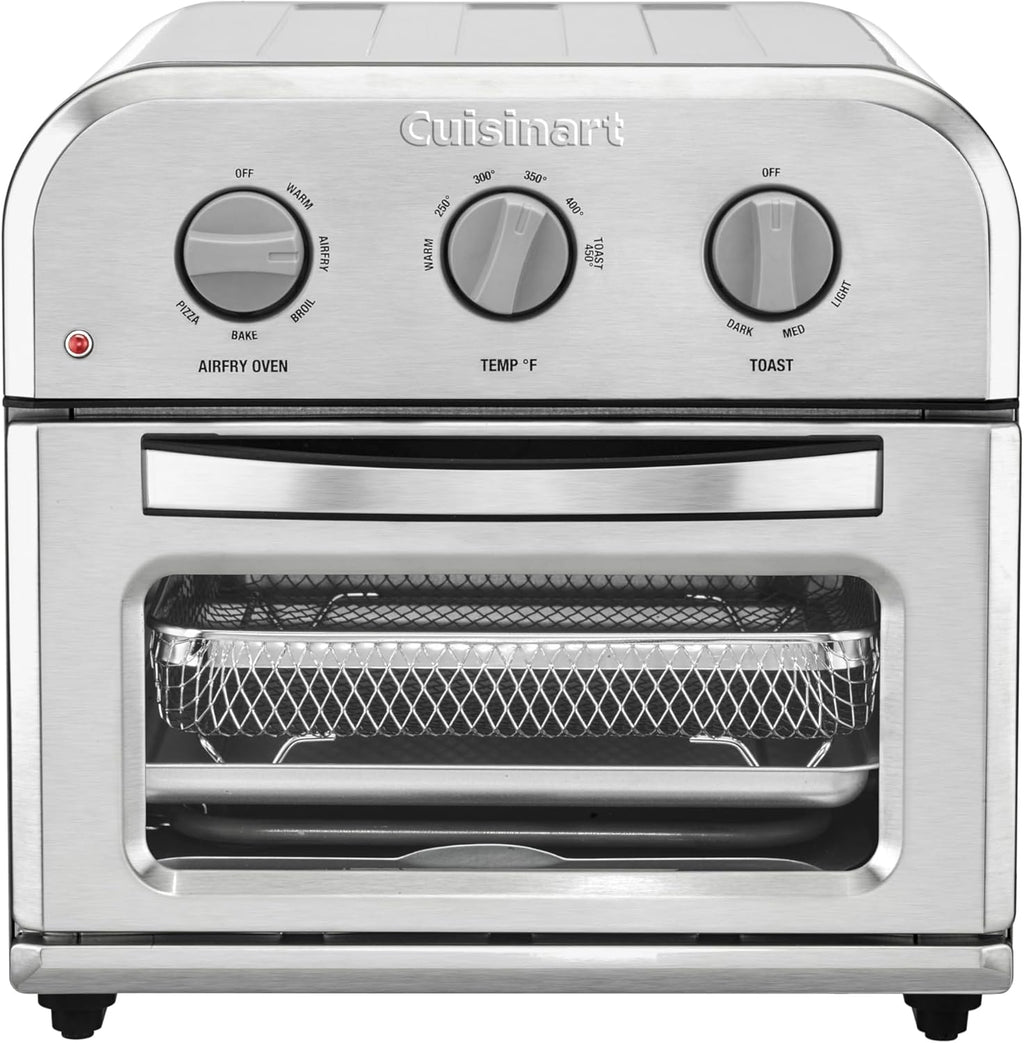 Cuisinart Horno Tostador Freidora de Aire Compacto, Freidora de Acero Inoxidable con Funciones 6-en-1, Temperatura Ajustable, Incluye Estante para Horno, Bandeja para Hornear y Cesta para Freidora de