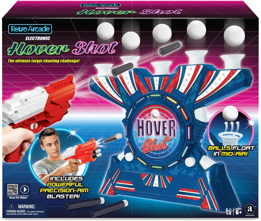Ambassador Games: Retro Arcade - Disparo electrónico de hover - Juego de disparo de mesa con luz y sonido, lanzador, bolas flotantes de aire, adultos y niños a partir de 6 años