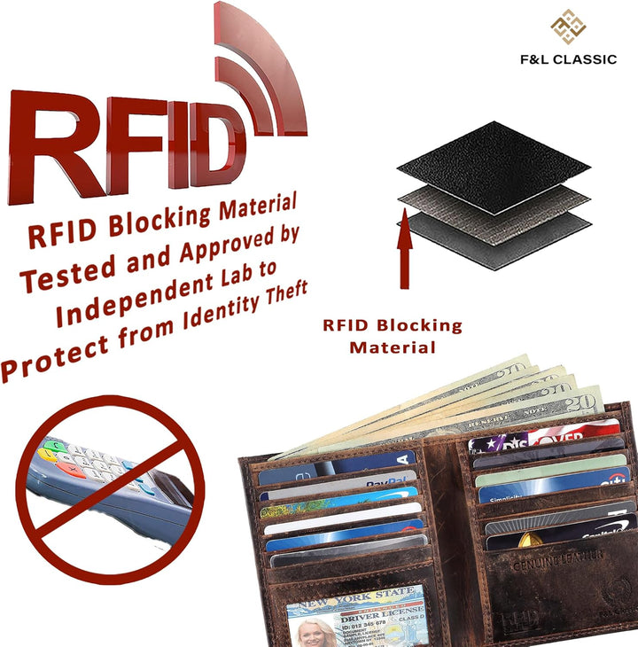 F&amp;L CLASSIC billetera de cuero con bloqueo RFID para hombres, e...