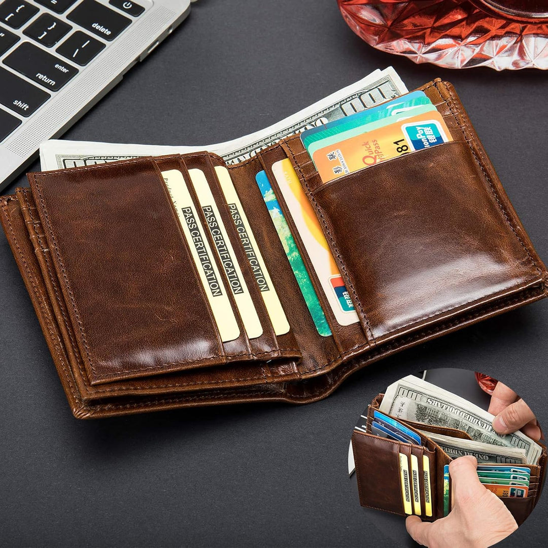 Cartera de cuero para hombre, plegable vertical, con bloqueo RFID,...