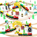 TOY Life Juego de tren de madera con grúa, pista de 60 piezas, niños 3-8