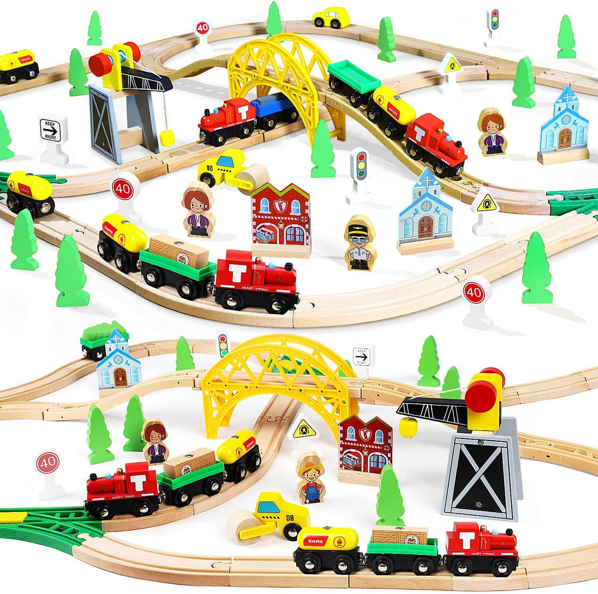TOY Life Juego de tren de madera con grúa, pista de 60 piezas, niños 3-8