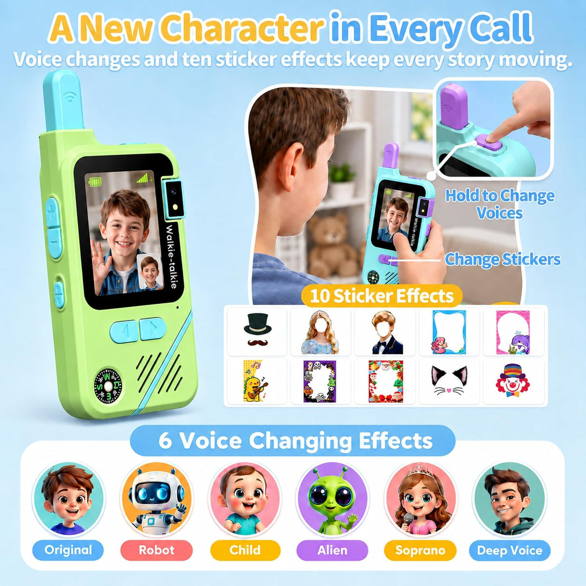 Walkie Talkies de video para niños, paquete de 2 con cámara giratoria de 180°, juguetes de largo alcance, recargable, clip y cordón, regalos de cumpleaños para niños y niñas de 3 a 12 años, interiores