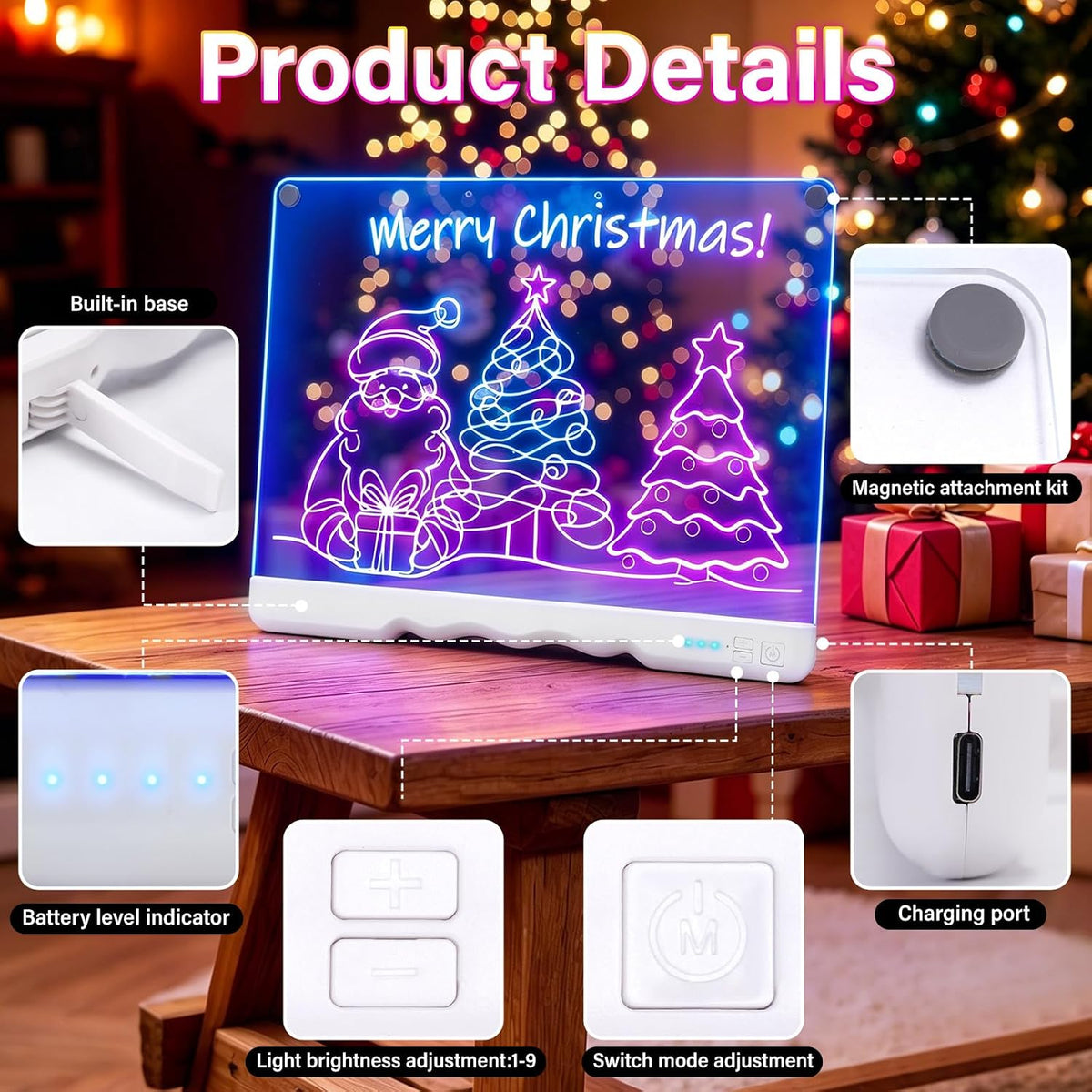 Tablero de dibujo LED recargable de 16 pulgadas para niños, tableta de dibujo con 7 colores y modos dinámicos, tablero de notas LED acrílico de borrado en seco, regalos para niños para Pascua