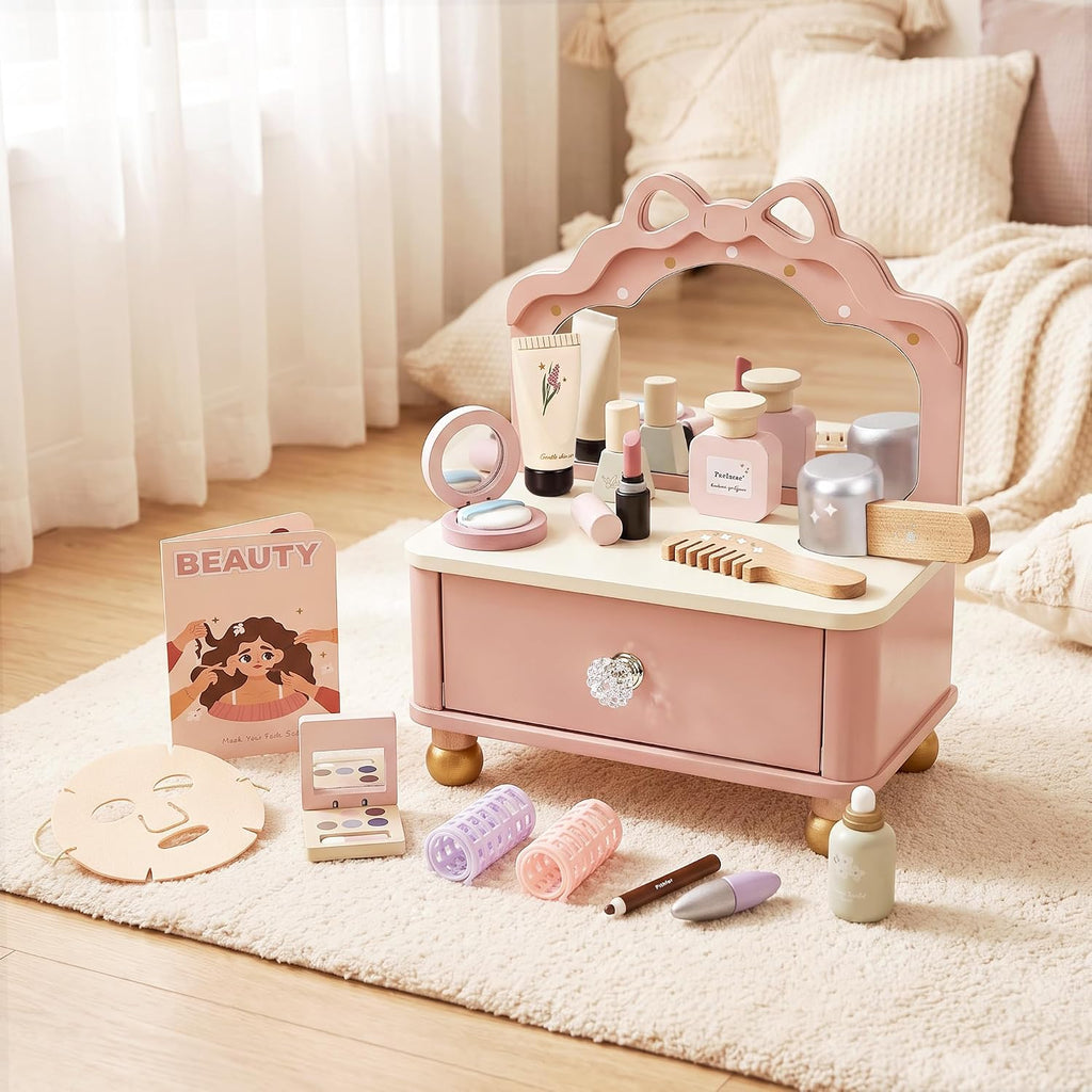 Juego de tocador de madera, kit de maquillaje para niños y niñas