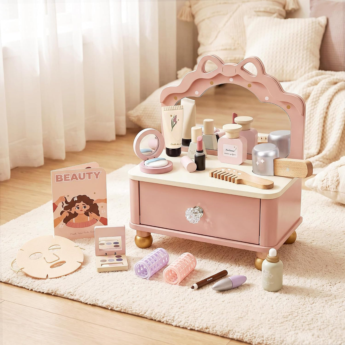 Juego de tocador de madera, kit de maquillaje para niños y niñas