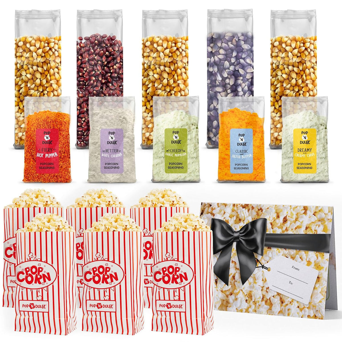 Pop n' Dulge Palomitas de maíz para noche de cine, set de regalo de 16 piezas, 5 paquetes de palomitas gourmet sin OMG, 5 paquetes de variedad de condimentos, snacks kosher, gran idea de regalo para