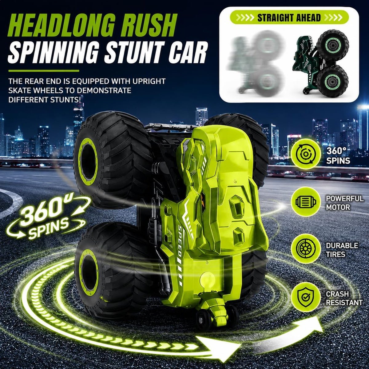 pinkking Monster Truck Toys - Camión de dinosaurio a control remoto con luces, sonido y aerosol, camión RC 1:18 con giros de 360° y derrape, vehículo de control remoto 4WD con carga USB Type-C para niños