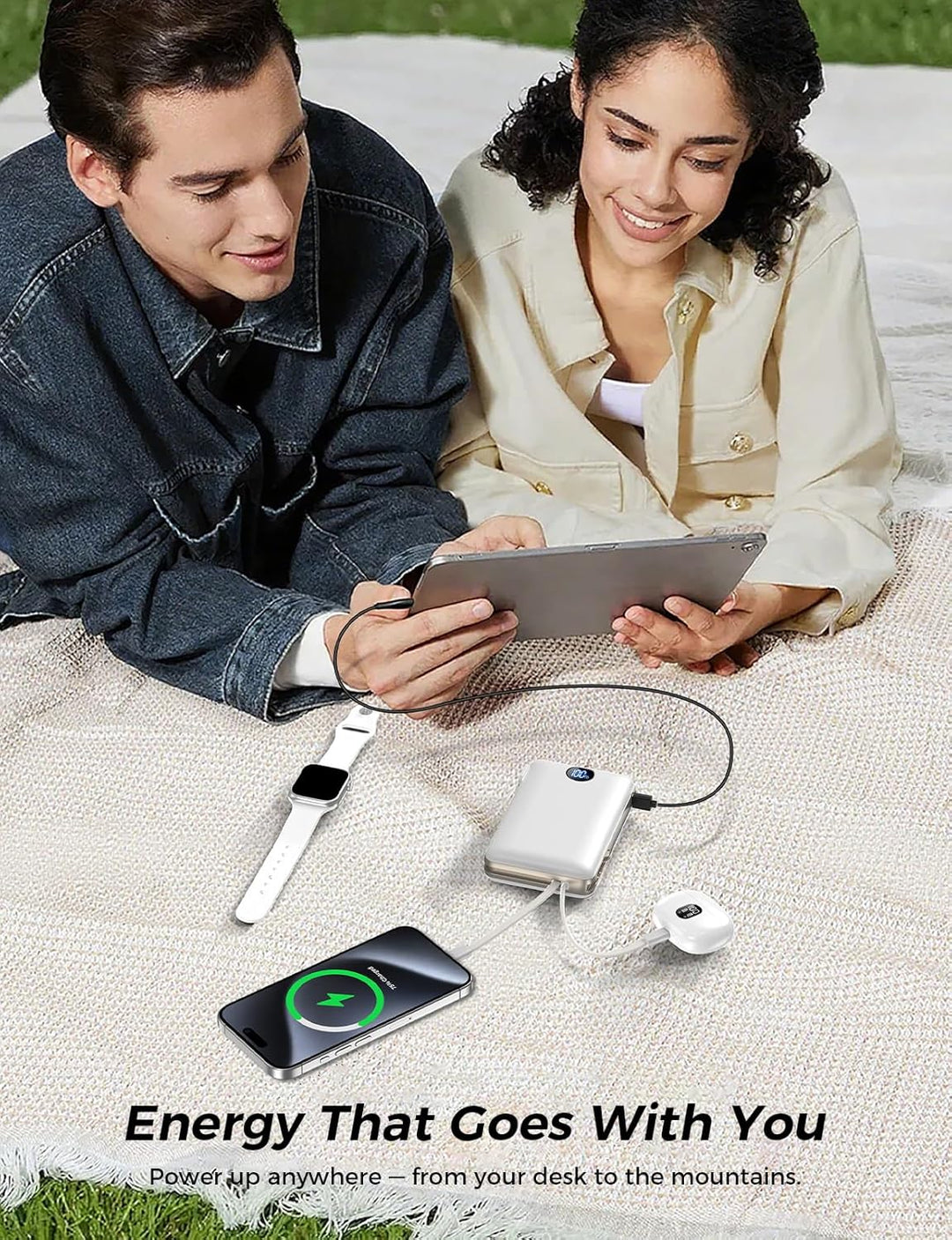 Sucrosey Banco de energía de 50,000 mAh con cable USB-C integrado y...