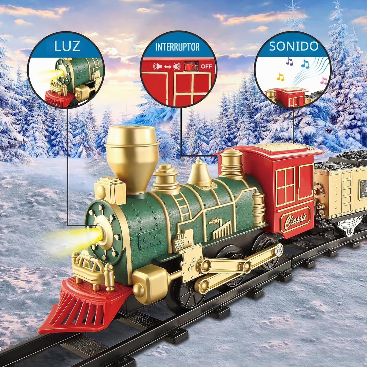 Juego de tren eléctrico para niños de 3 a 8 años, tren de juguete a pilas con luces y sonidos, 3 autos y 10 pistas para Navidad y juego durante todo el año
