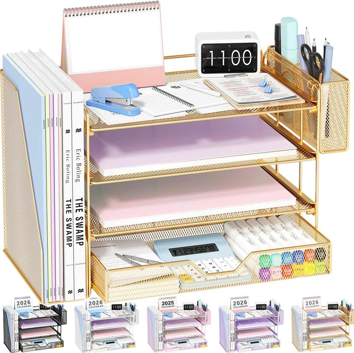 Organizadores y accesorios de escritorio, organizador de archivos de escritorio de 4 niveles con cajón y soportes para bolígrafos, accesorios de escritorio de oficina, organizadores de espacio