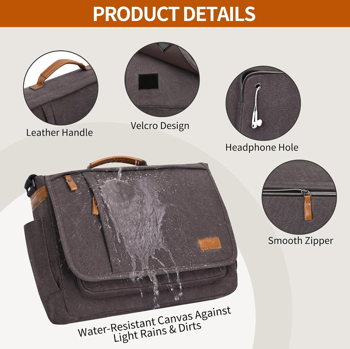 ESTARER Bolso de Mensajero para Computadora Resistente al Agua de Lona, Bolso de Hombro de 15.6 Pulgadas para Laptop para Viaje y Trabajo, Gris