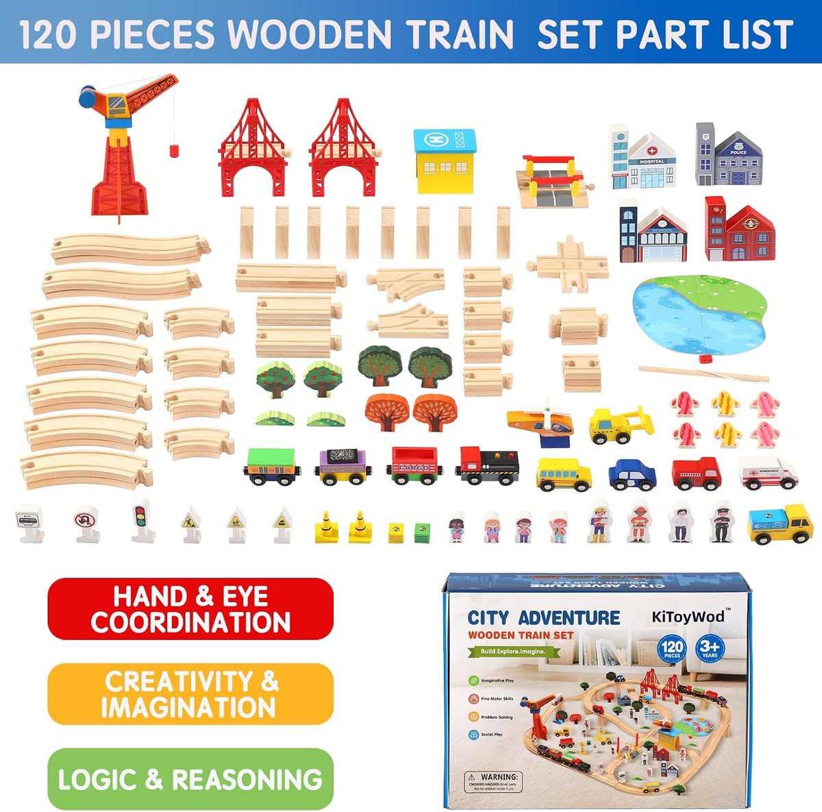 Juego de tren de madera de 120 piezas, tren de juguete con pistas para niños de 3 a 10 años, compatible con las principales marcas, juego de ferrocarril para niños y niñas