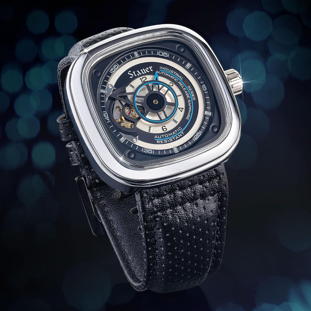 Stauer Reloj automático de esqueleto cuadrado para hombre, funda de cojín plateada de 1.732 pulgadas, esfera negra de corazón abierto, movimiento mecánico de 21 joyas, correa de cuero