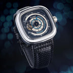 Stauer Reloj automático de esqueleto cuadrado para hombre, funda de cojín plateada de 1.732 pulgadas, esfera negra de corazón abierto, movimiento mecánico de 21 joyas, correa de cuero