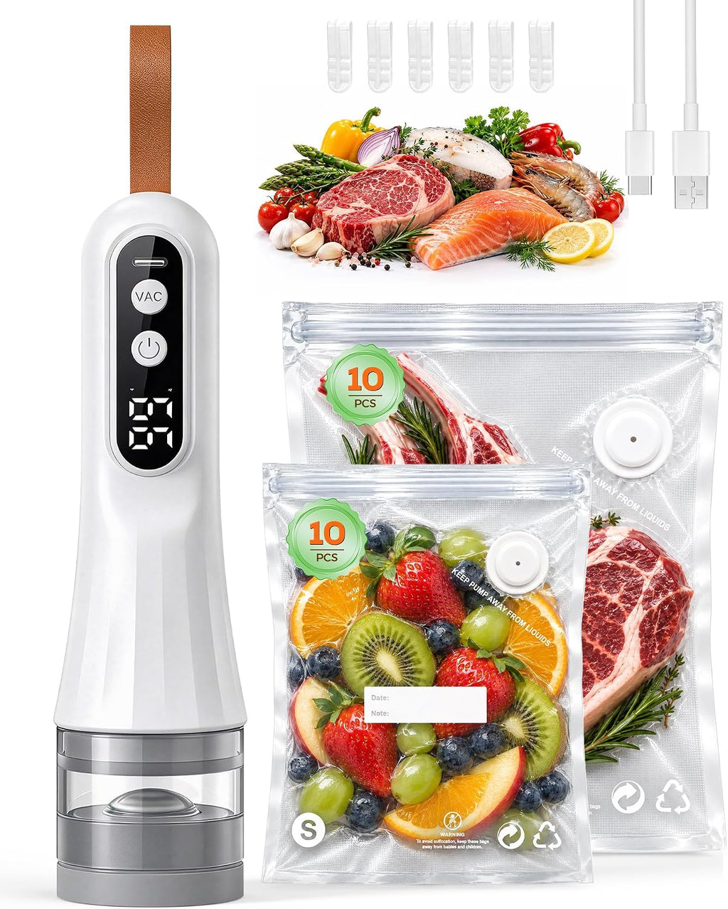 Sellador al vacío de mano compacto para alimentos con 20 bolsas