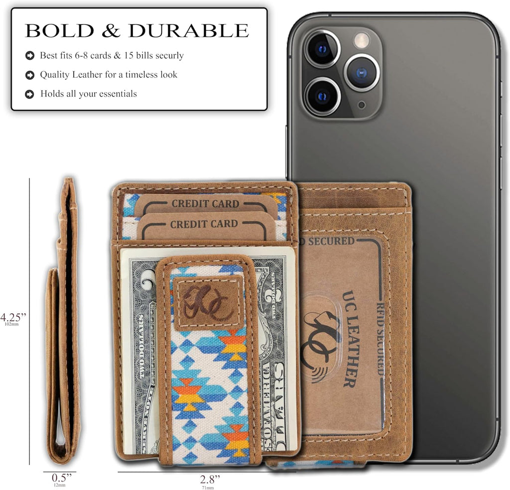 Cartera de cuero de grano completo con bolsillo frontal con protección RFID, diseño delgado, múltiples ranuras para tarjetas, marrón azteca negro, Azteca, Minimalista