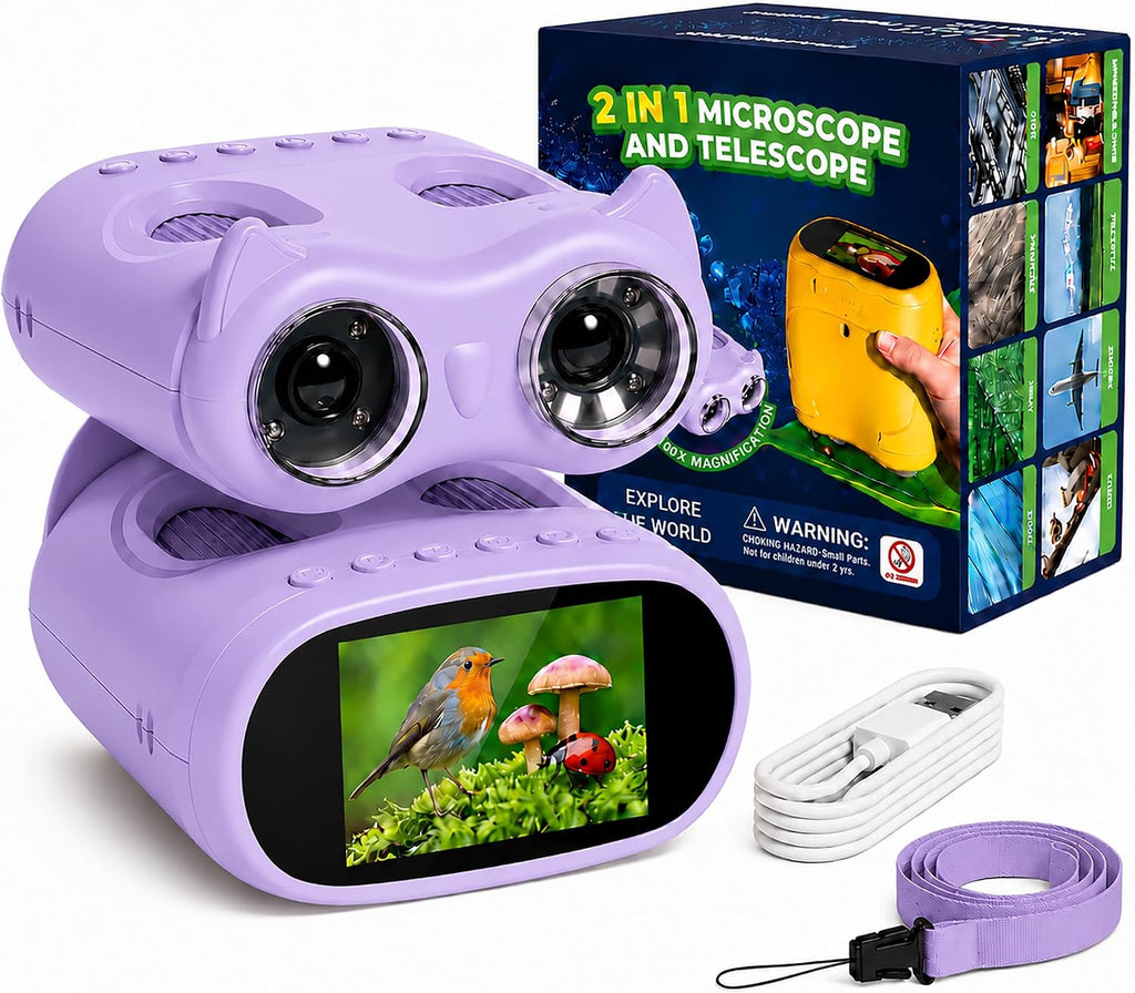 Microscopio y telescopio 2 en 1 para niños, microscopio digital de mano 1000X para niños, pantalla de 2.0 pulgadas, 8 LED, telescopio de bolsillo 10X para exteriores, cámara 1080P, juguetes