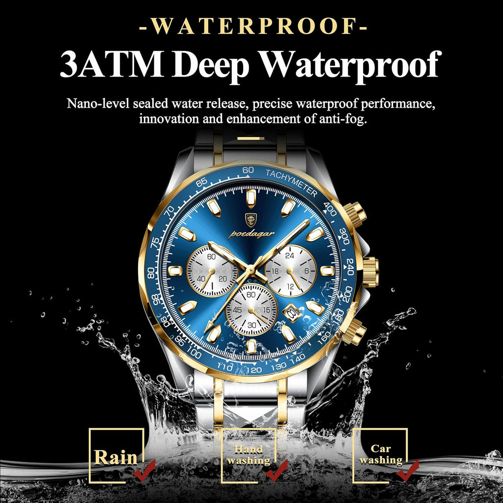 Poedagar Relojes de moda para hombre de lujo, impermeables, luminosos, con fecha y cronógrafo, de acero inoxidable, deportivos, de cuarzo, para hombre