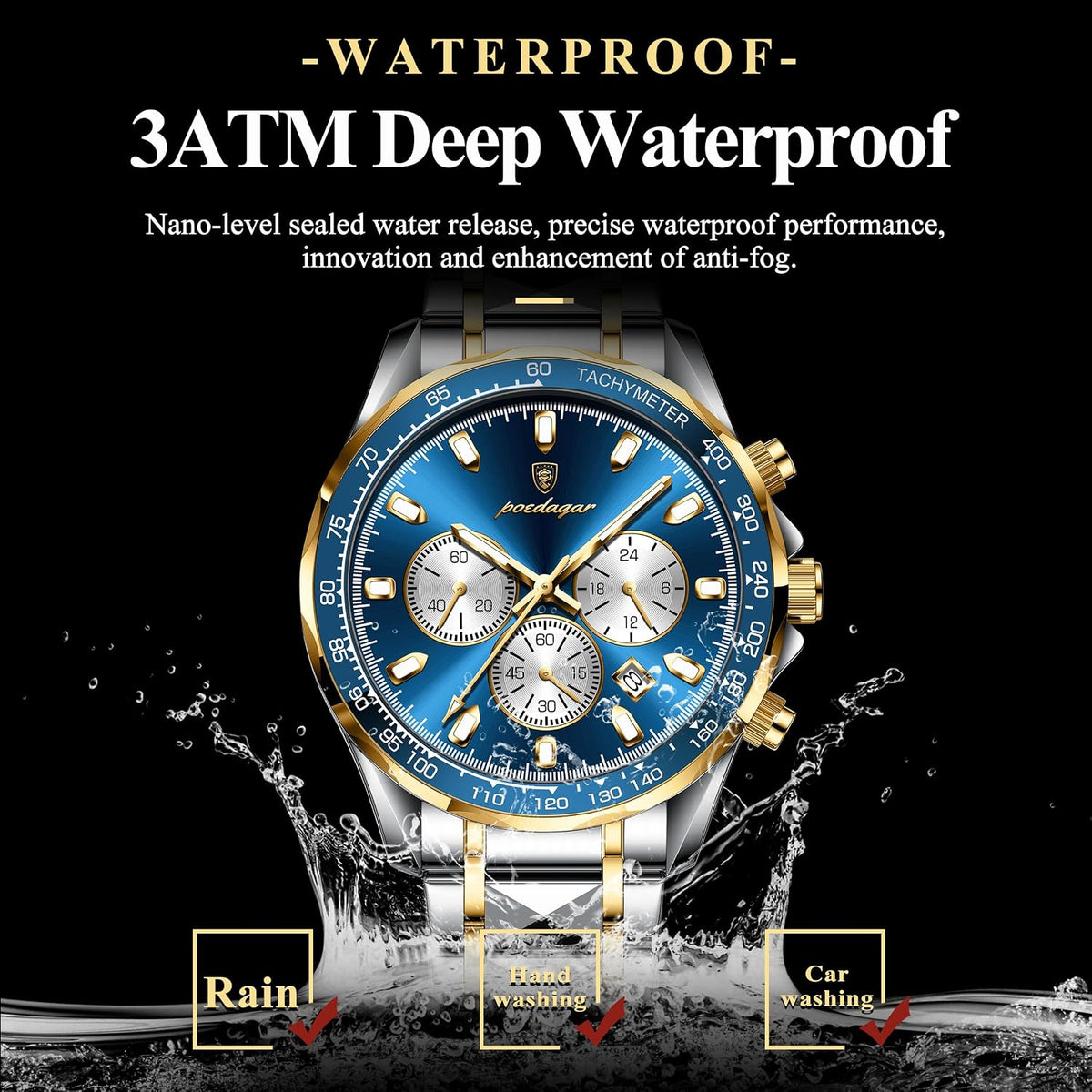 Poedagar Relojes de moda para hombre de lujo, impermeables, luminosos, con fecha y cronógrafo, de acero inoxidable, deportivos, de cuarzo, para hombre