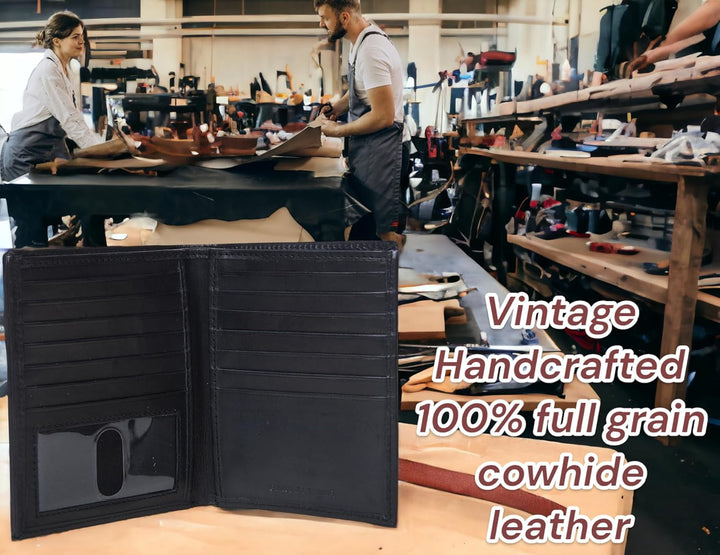 F&amp;L CLASSIC Cartera de Cuero Bi-Fold Grande Estilo Hipster con...