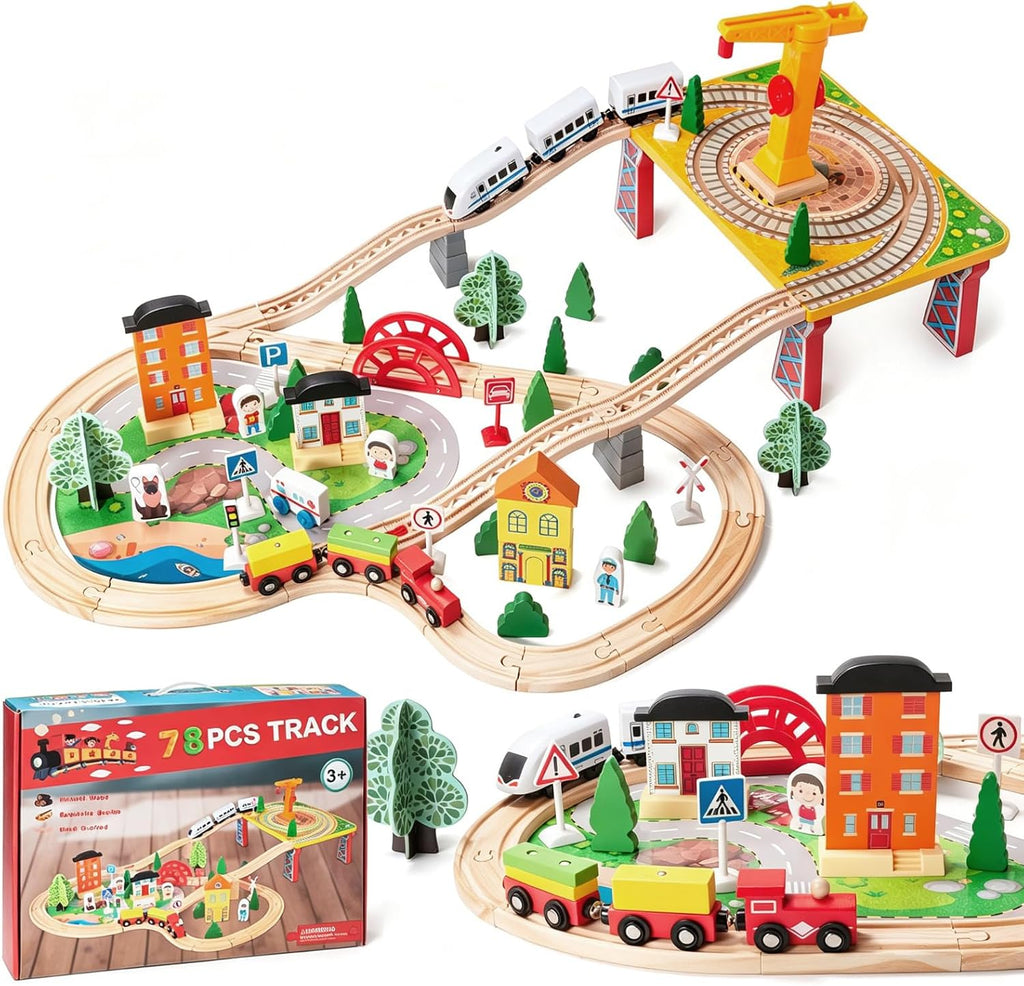 Juego de trenes de madera de 78 piezas para niños pequeños - Kits de vías